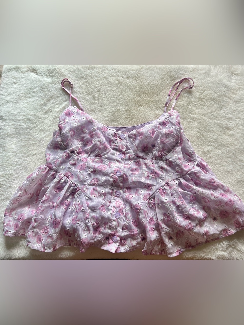 Lush Lilac Floral Eyelet Button Peplum Babydoll Cami Top Size M Cottagecore